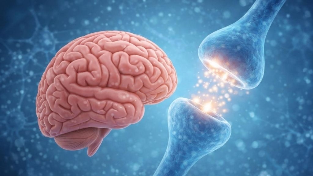 Illustration of a human brain and synaptic connection between neurons, representing how medications may affect brain function and memory.