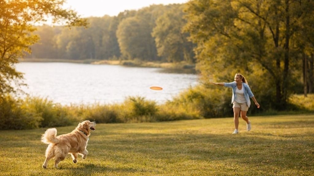 Woman playing fetch with her dog in a park near a lake, demonstrating an active and healthy lifestyle.