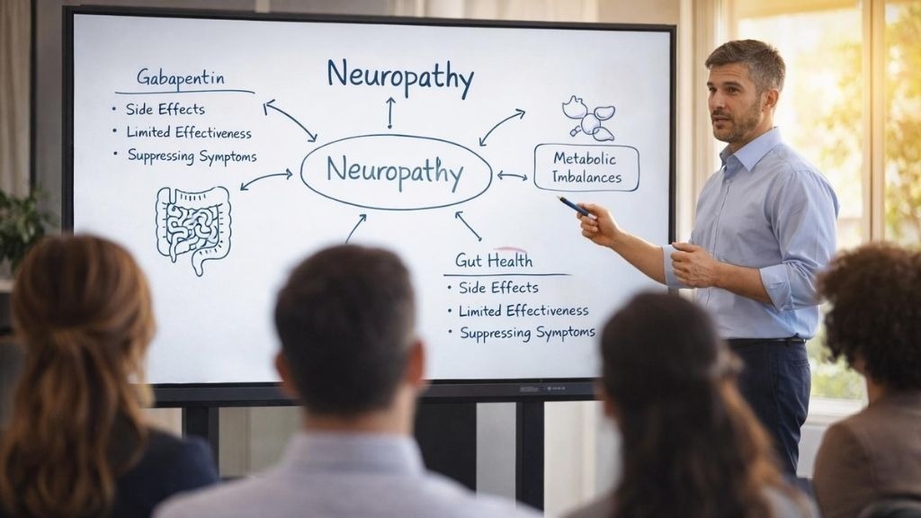 Healthcare professional presenting on neuropathy and treatment considerations to an engaged audience using a digital whiteboard.