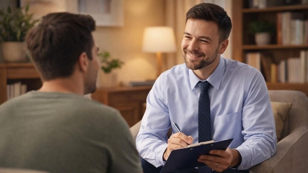 Physician and patient sitting together in a relaxed setting, engaged in a collaborative conversation about health and treatment.
