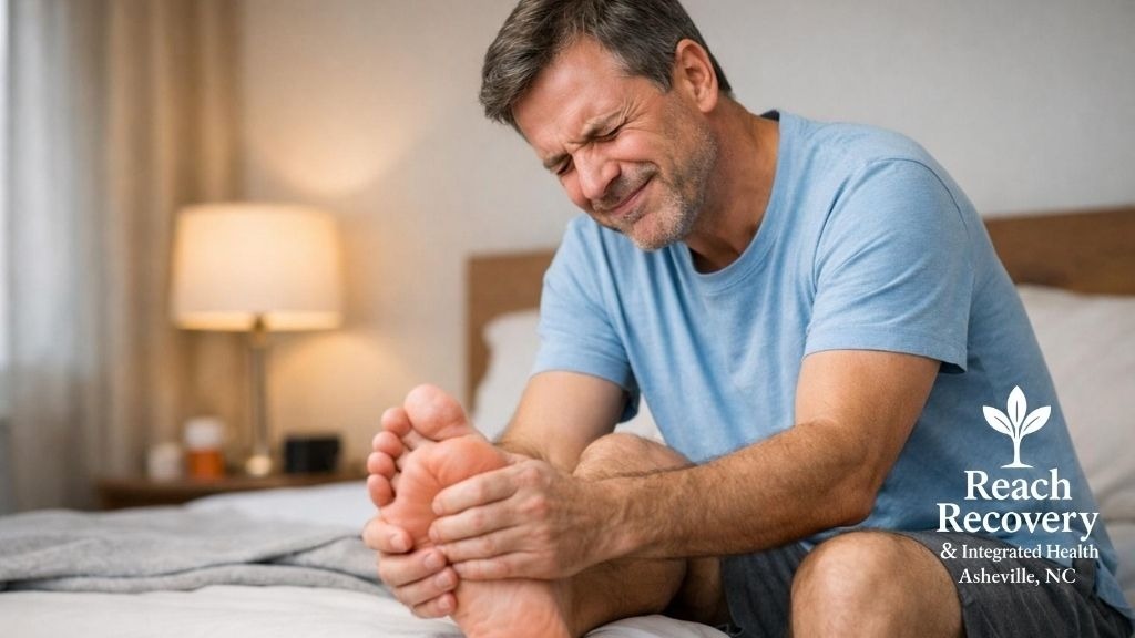 Person sitting on the edge of a bed holding their foot in discomfort, illustrating neuropathy pain.