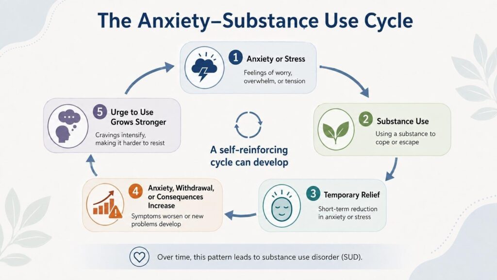 Anxiety and substance use form a cycle leading to SUD. Breaking free requires holistic, integrated care—address anxiety, build healthy coping, and find lasting recovery.